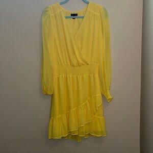 Light Yellow Long-Sleeve Ruffle Wrap Dress